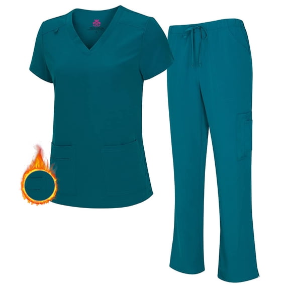 Natural Uniforms Women's Breathable Cool Stretch Fabric Scrub Top and cargo Pant Set (Teal, Medium-Petite)