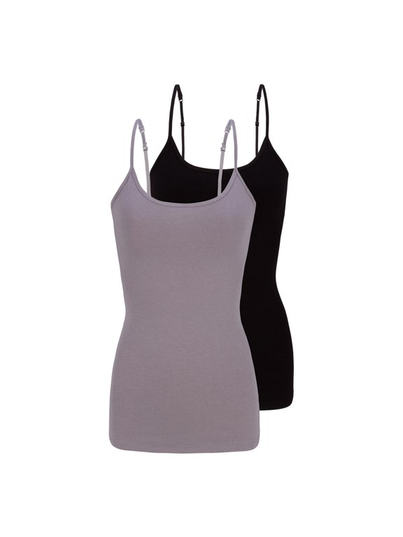 Women's Camisole Cotton Stretch Slim-Fit Cami Soft and Breathable Undershirt with Adjustable Strap Tank Top Multi Pack of 2 (Grey, Black) X-Small