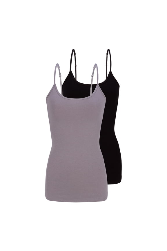 Women's Camisole Cotton Stretch Slim-Fit Cami Soft and Breathable Undershirt with Adjustable Strap Tank Top Multi Pack of 2 (Grey, Black) X-Small