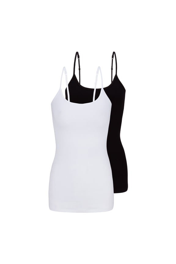 Women's Camisole Cotton Stretch Slim-Fit Cami Soft and Breathable Undershirt with Adjustable Strap Tank Top Multi Pack of 2 (White, Black) Medium