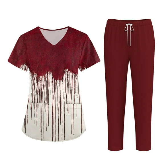 Natural Uniforms Women's Cool Stretch V-Neck Top with Pockets and Scrub Bottoms for Woman Medical Uniform Shirt Red XXXL