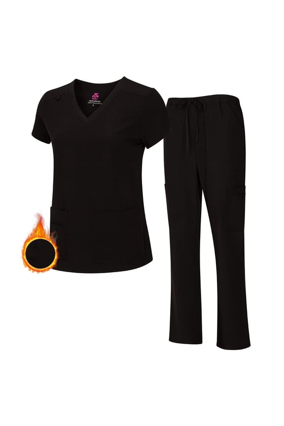 Women's PETITE Scrub Set Breathable Cool Stretch Fabric Scrub Top and cargo Pant Set (Black, Small-Petite)