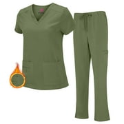 NATURAL UNIFORMS Women's PETITE Scrub Set Breathable Cool Stretch Fabric Scrub Top and cargo Pant Set (Olive, X-Large-Petite)