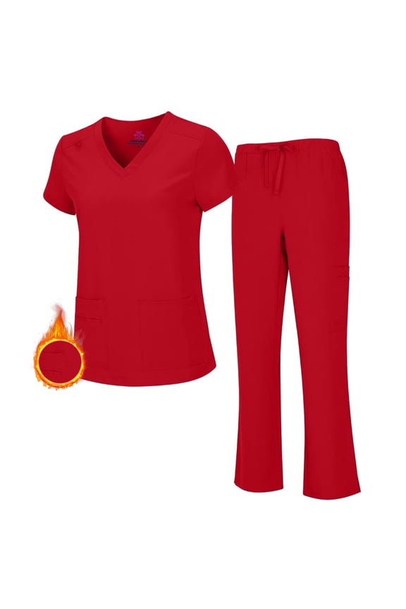 Women's PETITE Scrub Set Breathable Cool Stretch Fabric Scrub Top and cargo Pant Set (Red, Medium-Petite)