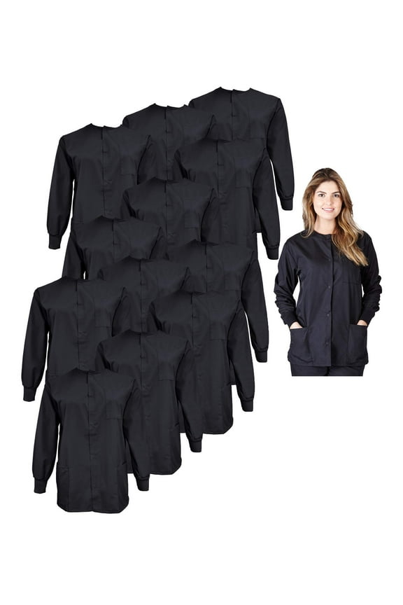 Women's Scrub Jacket Warm Up Lightweight Medical Scrub Jacket - Pack of 12 Set (Black, X-Small)