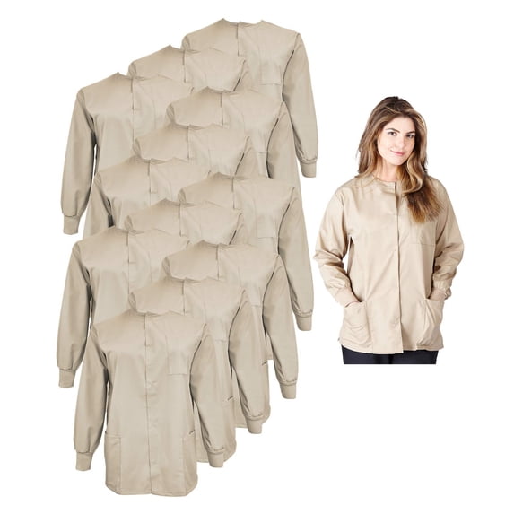 Natural Uniforms Women's Scrub Jacket Warm Up Lightweight Medical Scrub Jacket - Pack of 12 Set (Khaki, Small)