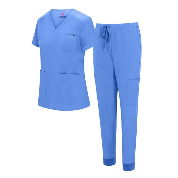 Natural Uniforms Womens 10 Pocket Cool Stretch Jogger Scrub Set with Regular and Petite Sizes (Ceil Blue, X-Large)