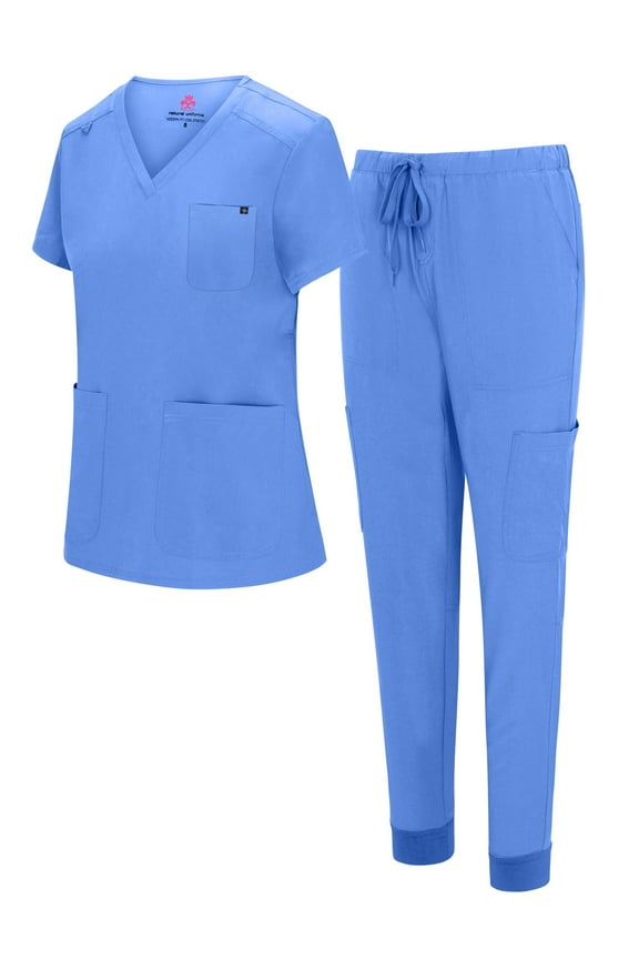 Womens 10 Pocket Cool Stretch Jogger Scrub Set with Regular and Petite Sizes (Ceil Blue, X-Large)