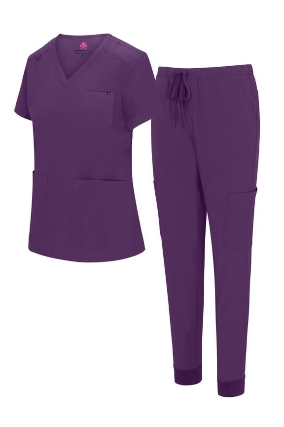 Womens 10 Pocket Cool Stretch Jogger Scrub Set with Regular and Petite Sizes (Eggplant, Medium)