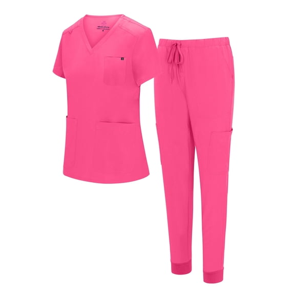 Natural Uniforms Womens 10 Pocket Cool Stretch Jogger Scrub Set with Regular and Petite Sizes (Hot Pink, Large)