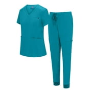 Natural Uniforms Womens 10 Pocket Cool Stretch Jogger Scrub Set with Regular and Petite Sizes (Teal, 3X-Large)