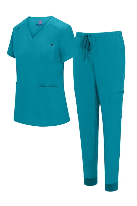 Womens 10 Pocket Cool Stretch Jogger Scrub Set with Regular and Petite Sizes (Teal, Small)