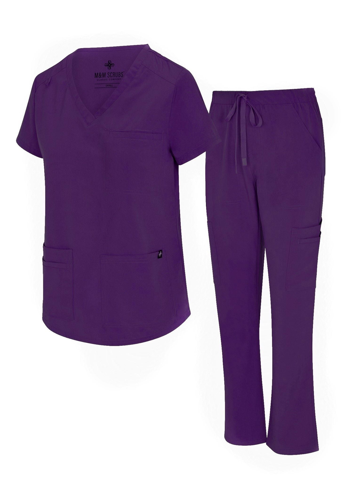 Womens Cargo Scrub Set 11 Pocket Cool Stretch Medical Scrub Top and Pants (Eggplant, Large)