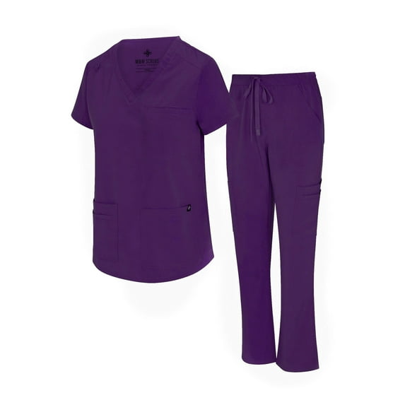 Natural Uniforms Womens Cargo Scrub Set 11 Pocket Cool Stretch Medical Scrub Top and Pants (Eggplant, X-Small)