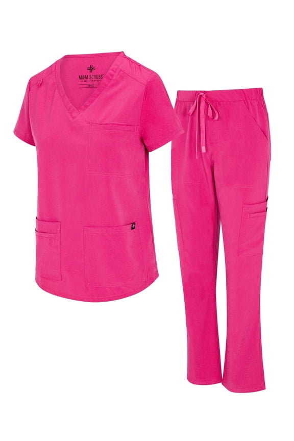Womens Cargo Scrub Set 11 Pocket Cool Stretch Medical Scrub Top and Pants (Hot Pink, Small)