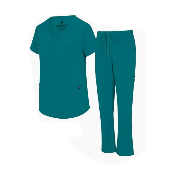 Natural Uniforms Womens Cargo Scrub Set 11 Pocket Cool Stretch Medical Scrub Top and Pants (Teal, Large)