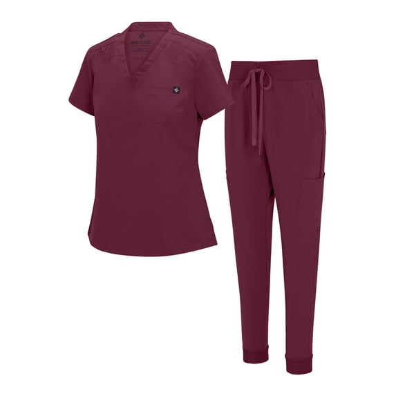 Natural Uniforms Womens Cool Stretch Modern Tuck-In Top Yoga Jogger Scrub Set with Regular and Petite Sizes (Burgundy, Large)