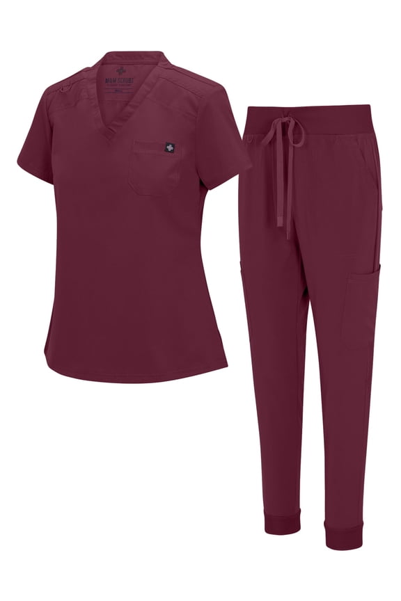 Womens Cool Stretch Modern Tuck-In Top Yoga Jogger Scrub Set with Regular and Petite Sizes (Burgundy, Small)