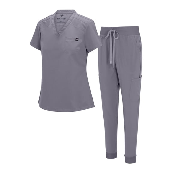 Natural Uniforms Womens Cool Stretch Modern Tuck-In Top Yoga Jogger Scrub Set with Regular and Petite Sizes (Charcoal, Medium)