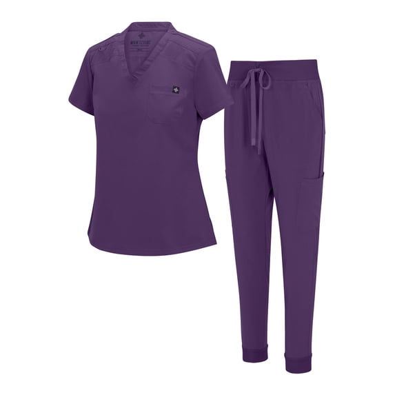 Natural Uniforms Womens Cool Stretch Modern Tuck-In Top Yoga Jogger Scrub Set with Regular and Petite Sizes (Eggplant, X-Large)