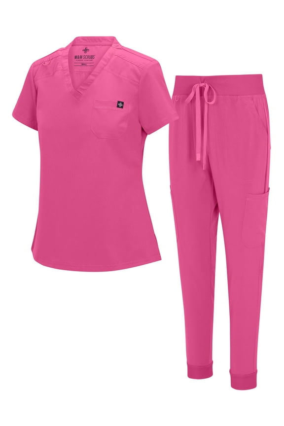 Womens Cool Stretch Modern Tuck-In Top Yoga Jogger Scrub Set with Regular and Petite Sizes (Hot Pink, Small)