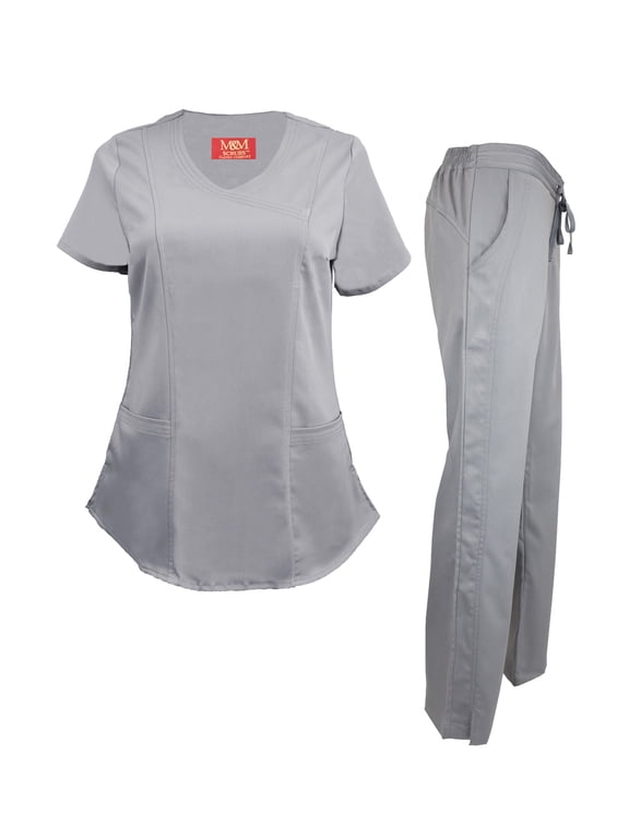 Women's Ultra Soft Stretch Mock Wrap Scrub Top and Pants 82019200NA (Grey, XXX-Large)