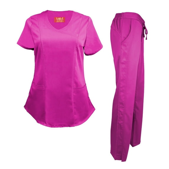 Natural UniformsWomen's Ultra Soft Stretch Mock Wrap Scrub Top and Pants 82019200NA (Hot Pink, X-Small)