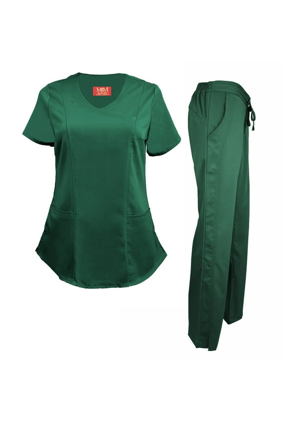 Women's Ultra Soft Stretch Mock Wrap Scrub Top and Pants 82019200NA (Hunter Green, Small)