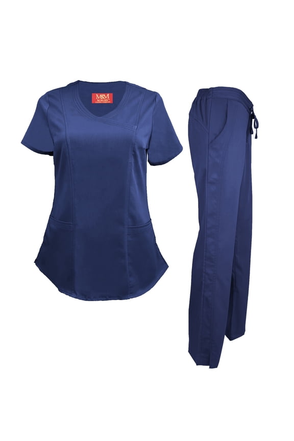 Women's Ultra Soft Stretch Mock Wrap Scrub Top and Pants 82019200NA (True Navy Blue, XX-Large)