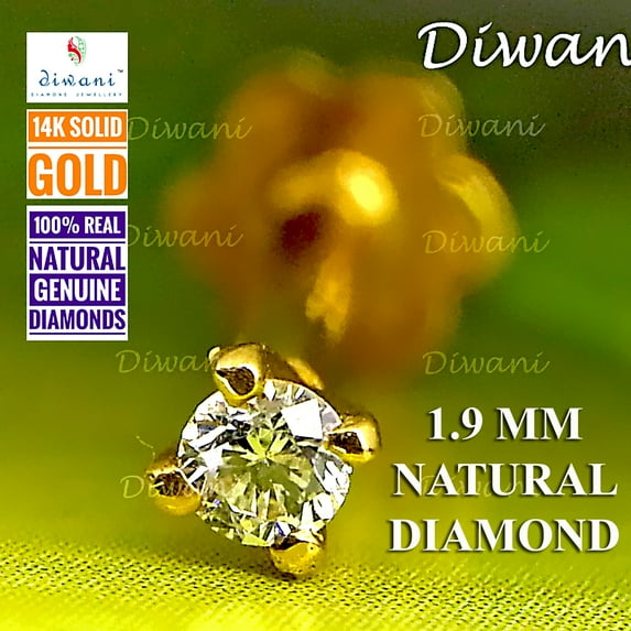 1.9mm Natural VVS Diamond Engagement Wedding Nose Lip Labret Monroe Piercing Ring Stud Screw Pin 14k Gold 0.030 Cents, G/H Color 18 Gauge thick 8.0mm Length Screw back Post