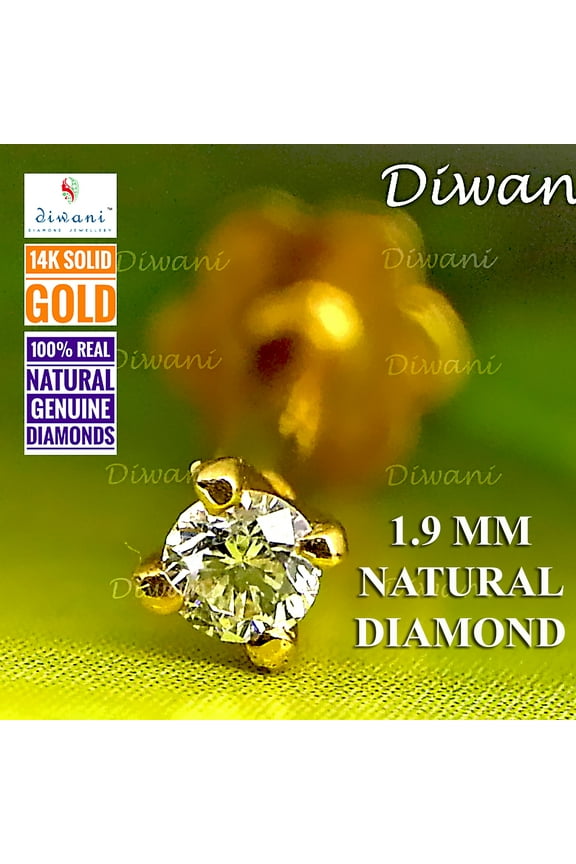 1.9mm Natural VVS Diamond Engagement Wedding Nose Lip Labret Monroe Piercing Ring Stud Screw Pin 14k Gold 0.030 Cents, G/H Color 18 Gauge thick 8.0mm Length Screw back Post