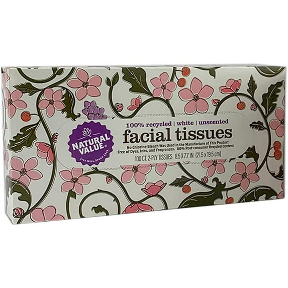 Natural Value 100% Recycled Facial Tissue, 100 2-Ply Sheets Per Box (Pack of 30)
