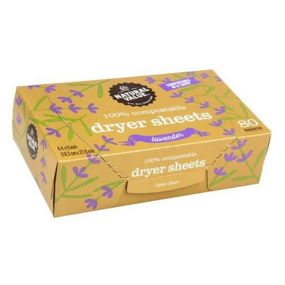 Natural Value Dryer Sheets, 100% Compostable, Lavender-80 ct