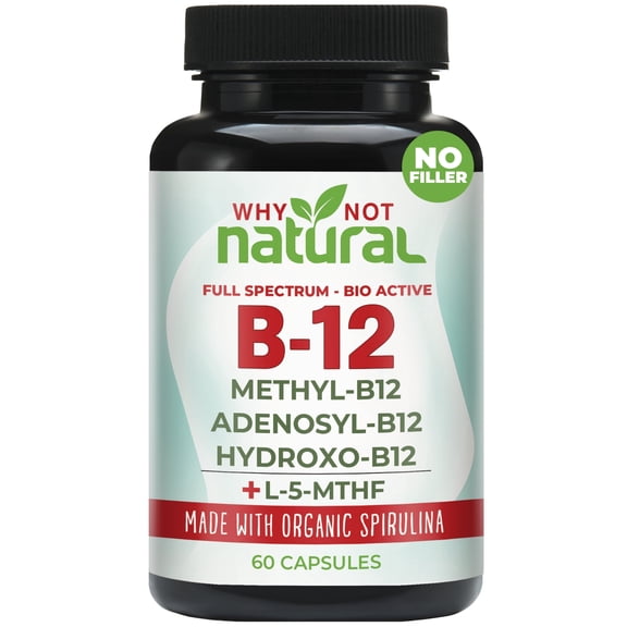 Why Not Natural Vitamin B12 5000 mcg Supplement with Methylcobalamin, Adenosylcobalamin and Hydroxy B12 Complex with Methylfolate 1000 mcg, L-5-MTHF, Made with Organic Spirulina