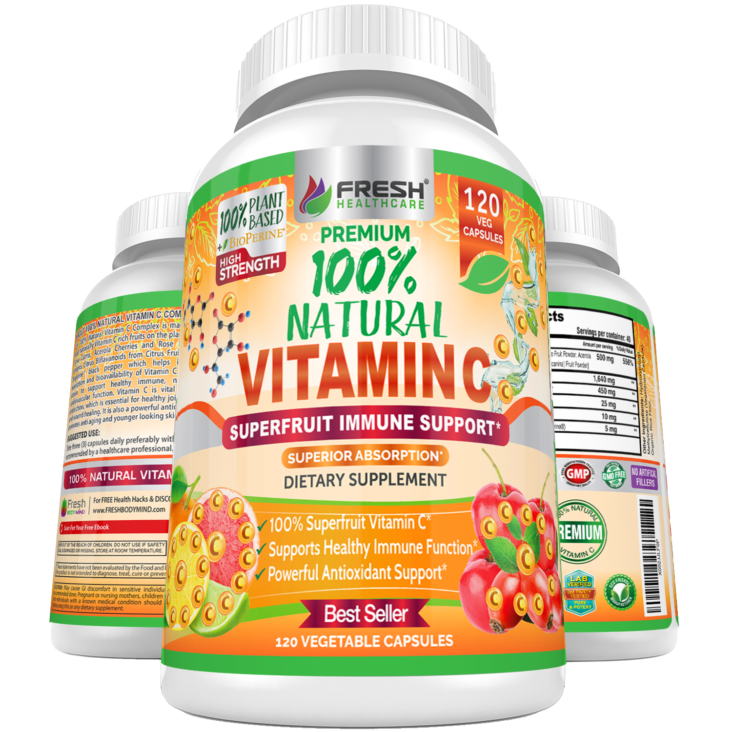 Natural Vitamin C - 100% from Rose Hips, Acerola Cherry and Camu Camu Superfruit 500mg - High Absorption - Immune Support, Skin, Joint and Collagen Booster with Citrus Biflavanoids - 120 Capsules