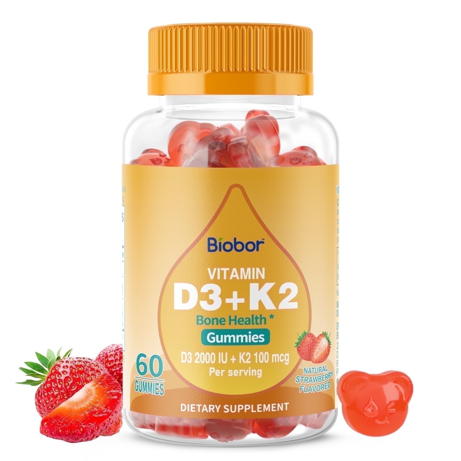 Walmart Deal of Biobor Natural Vitamin D3 + K2 2000 IU Gummies - Strawberry Flavor, Dietary Supplement, 60 Count