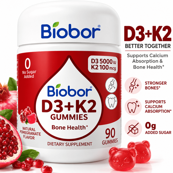 Biobor Vitamin D3 K2 Gummies, 5000 IU Vitamin D3 100 mcg Vitamin K2 MK-7, Bone & Calcium Support, No Added Sugar, 90 Gummies