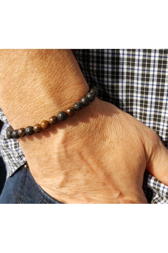 Natural Volcanic Lava & Bronzite 6mm Round Shape Smooth Cut Beads Stretchable Bracelet for Men & Women.