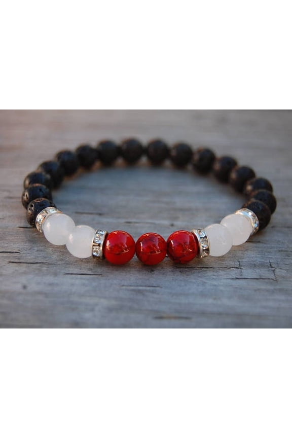 Natural Volcanic Lava, Red Jasper & Crystal Quartz 8mm Round Shape Smooth Cut Beads Stretchable Bracelet for Men & Women.