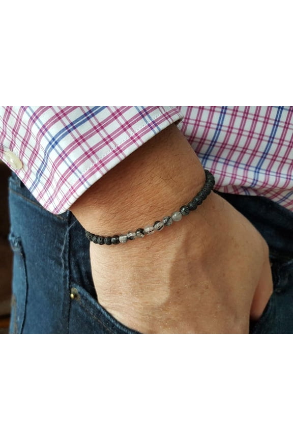 Natural Volcanic Lava & Rutilated Quartz 4mm Round Shape Smooth Cut Beads Stretchable Bracelet for Men & Women.