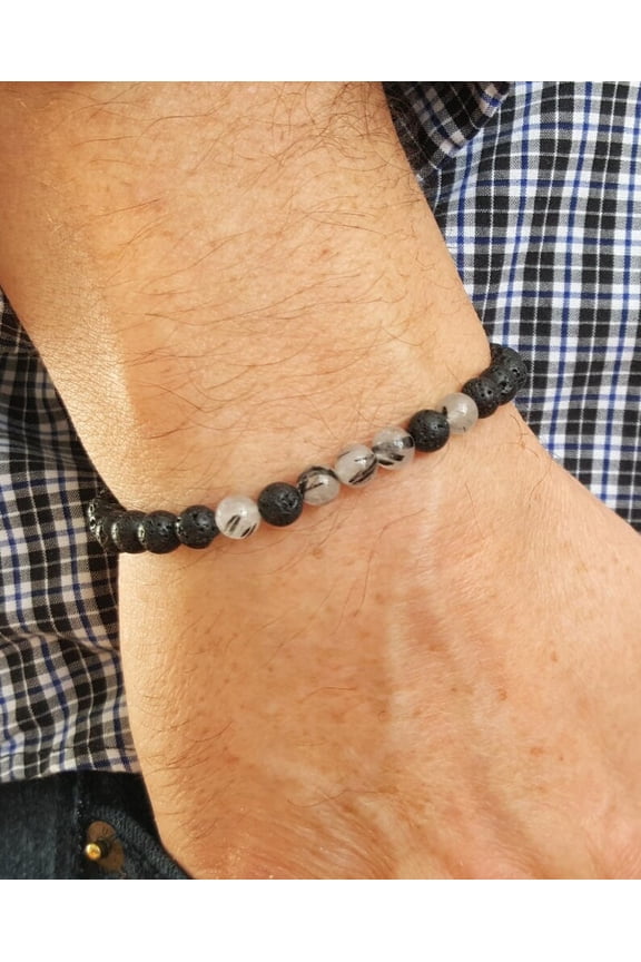 Natural Volcanic Lava & Rutilated Quartz 8mm Round Shape Smooth Cut Beads Stretchable Bracelet for Men & Women.