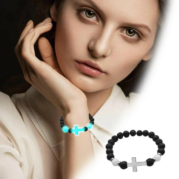 Natural Volcanic Stone Bracelets, 8mm Volcanic Stone Luminous Cross Bracelet for Men Women, Healing Elastic Stretch Beads Bracelet, Holy Communion Bracelets