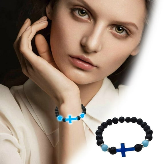 8mm Natural Volcanic Stone Bracelets for Men Women, Luminous Cross Bracelets, Elastic Stretch Beads Bracelet, Bracelet for Women
