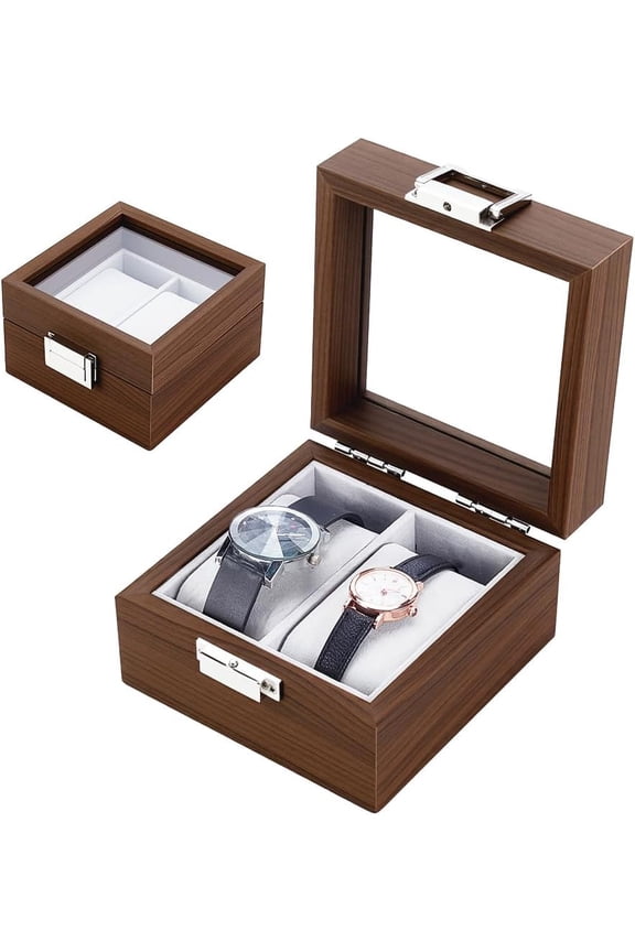 Natural Walnut Watch Box 2 Slot Watch Display Storage Case Square Portable Wristwatch Package Boxes Watch Travel Case with Glass Lid Removable Pillows