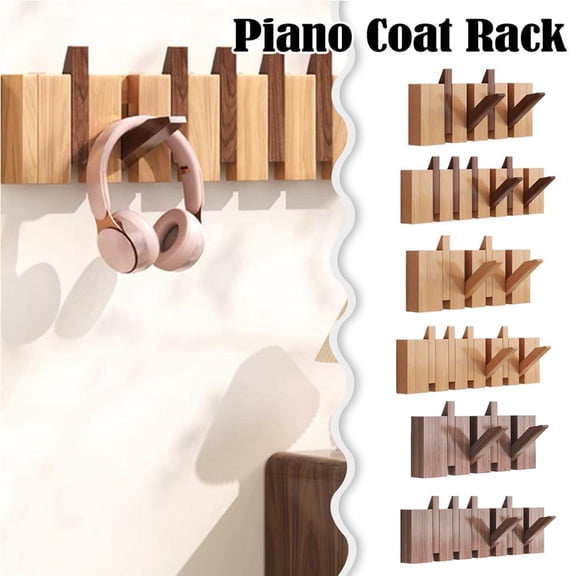 Natural Walnut Wood Piano Key Coat Rack, Wall Mounted Folding Hooks for Entryway, Bedroom, Kitchen - Space-Saving & Elegant Design (4 & 6 Hooks)