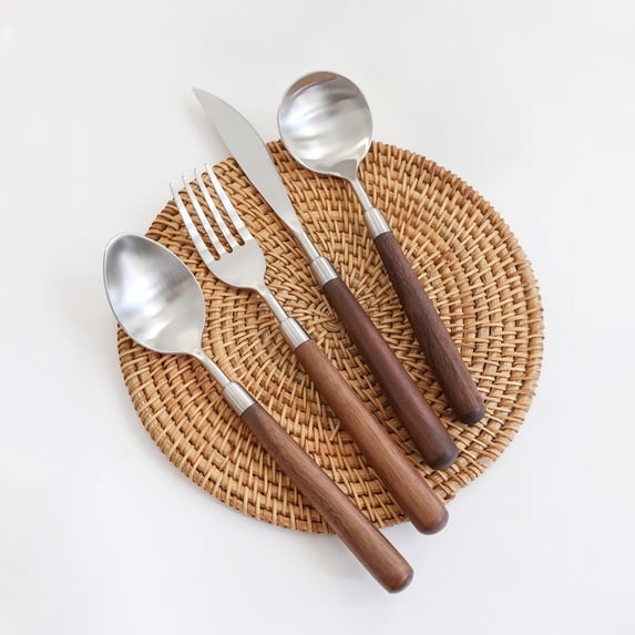 Natural Walnut Wood Style Handle Silverware Set, Wooden Flatware Set, 304 Stainless Steel Flatware Cutlery Set, Dinnerware Set (Set of 4) Silver set of 4 piece