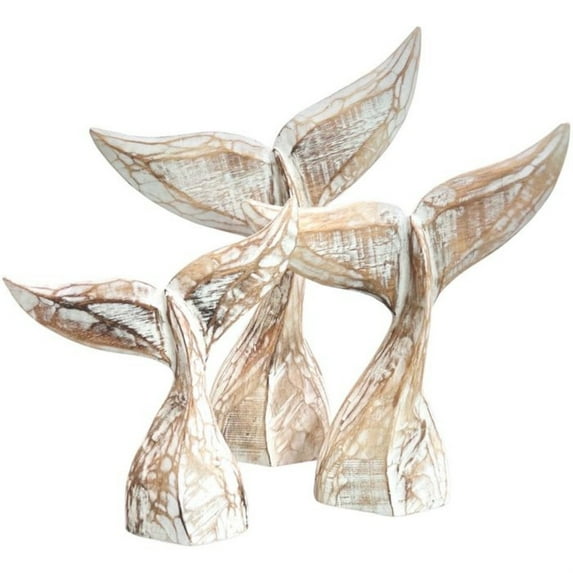 Natural Wash Color Wood Whale Tail Statues 3 Piece Set 15 Inches