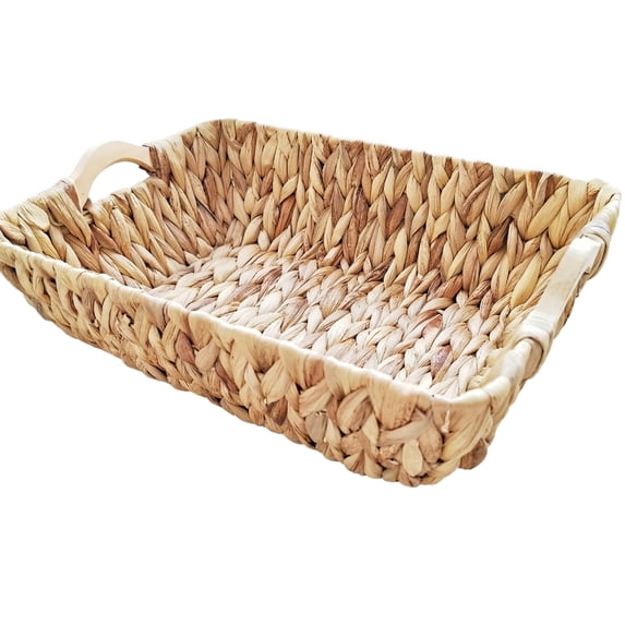 Natural Water Hyacinth Rectangular Storage Basket with Wooden Handles, Handwoven Wicker Organizer Tray for Bathroom, Living Room & Kitchen Countertop