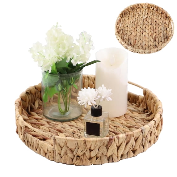 Natural Water Hyacinth Round Serving Tray,Hand Woven Tray Storage Baskets,Wicker Serving Trays with Built-in Handles, Water Hyacinth Storage Bins for Fruit,Arts and Crafts(11x 2.4inch)