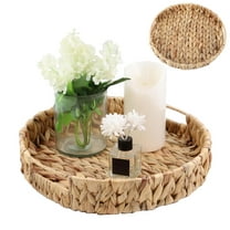 Natural Water Hyacinth Round Serving Tray,Hand Woven Tray Storage Baskets,Wicker Serving Trays with Built-in Handles, Water Hyacinth Storage Bins for Fruit,Arts and Crafts(11x 2.4inch)